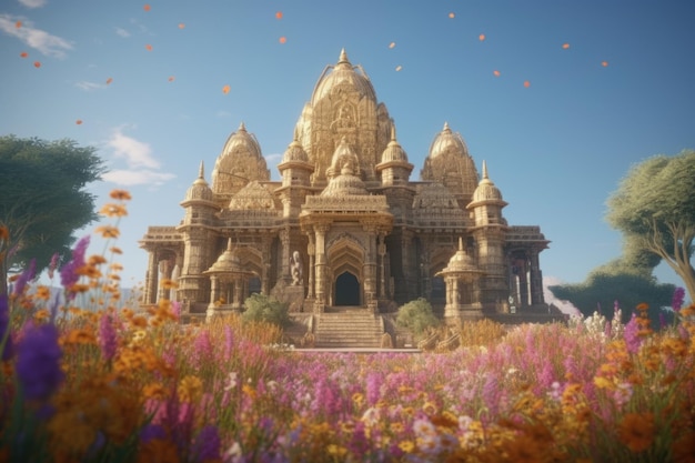 A large temple with flowers in the foreground and a blue sky with clouds in the background