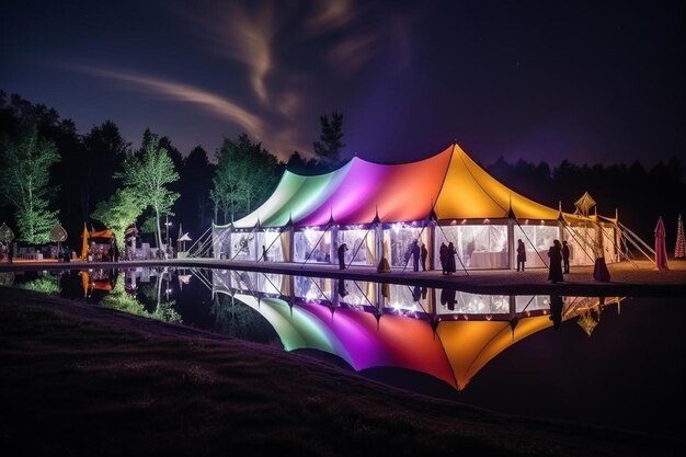 a large tent is lit up at night