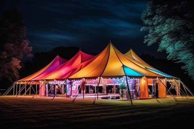 a large tent is lit up at night