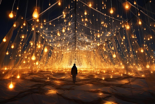 Photo large tent with many lights hanging from it in the style of installation creator