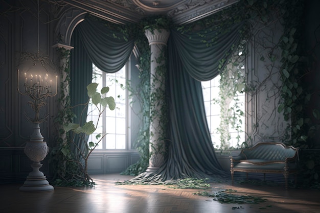 a large textured room with ivy around it in the style of vray tracing classical romanticism