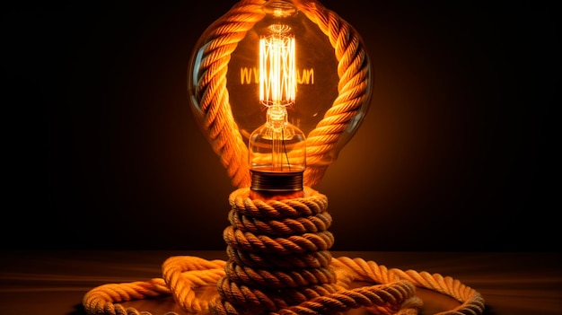 Photo a large thick rope and at the end a lighted lamp