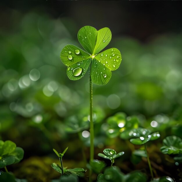 Large threeleaf green clover in a clearing with dewdrops blurred background The green color symbol of St Patricks Day Premium AI generated image