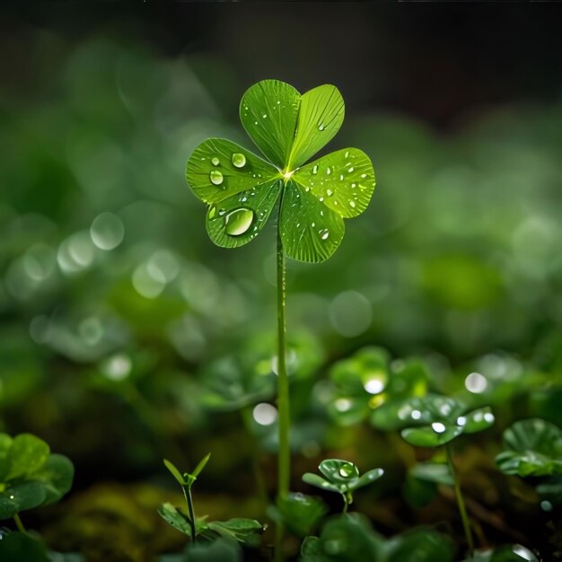 Large threeleaf green clover in a clearing with dewdrops blurred background The green color symbol of St Patricks Day