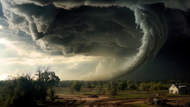 A large tornado cloud is in the sky over a dirt road generative ai image