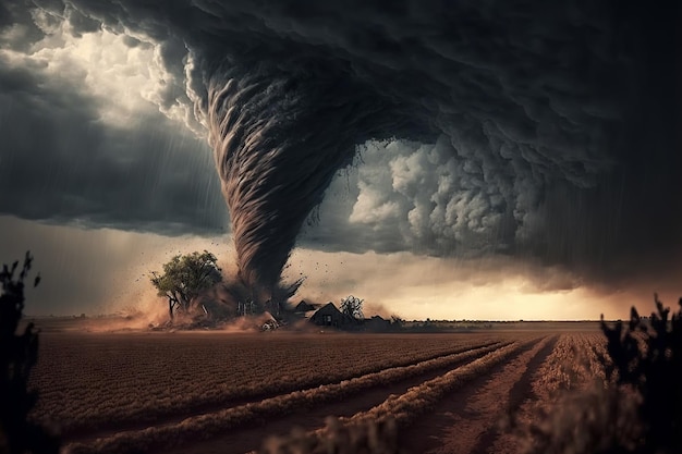 Большой торнадо разрушает ферму
