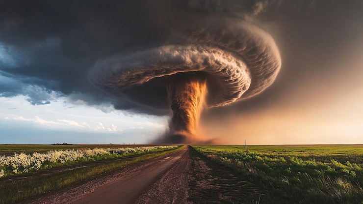 Photo large tornado forming over empty country road at sunset