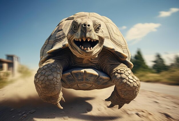 A large tortoise is running on the beach in the style of studio photography