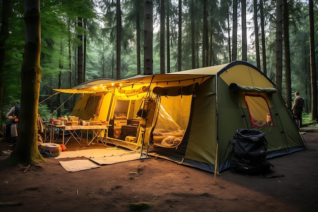 A large tourist tent is lit by lanterns in the evening in the forest o