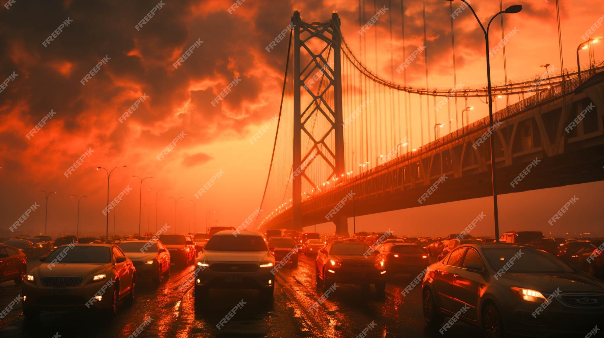 Premium AI Image A Large Traffic Jam On A Road With A Bridge In The premium-ai-image-a-large-traffic-jam-on-a-road-with-a-bridge-in-the