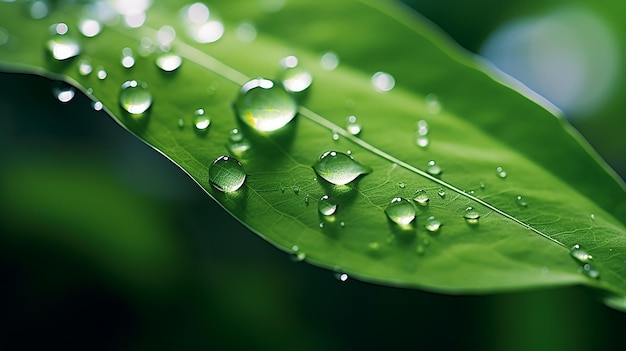 緑の表面に大きな透明な雨水滴