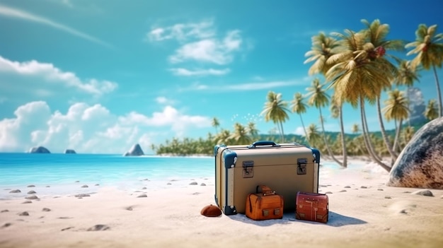 Large travel bag and things for vacation and tourism on the background of the sea Generated AI