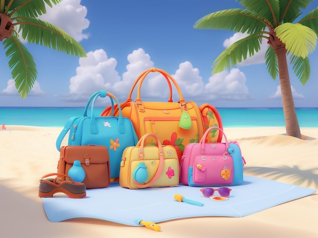 Large travel bag and things for vacation and tourism on the background of the sea