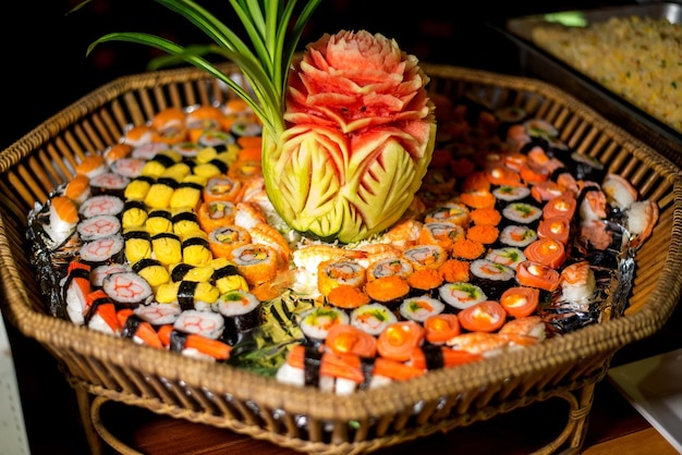 A large tray of sushi on New Year's party