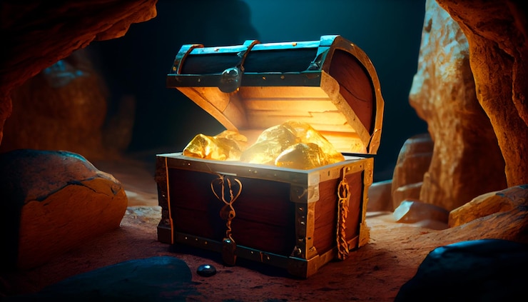 Photo large treasure chest in the cave generative ai