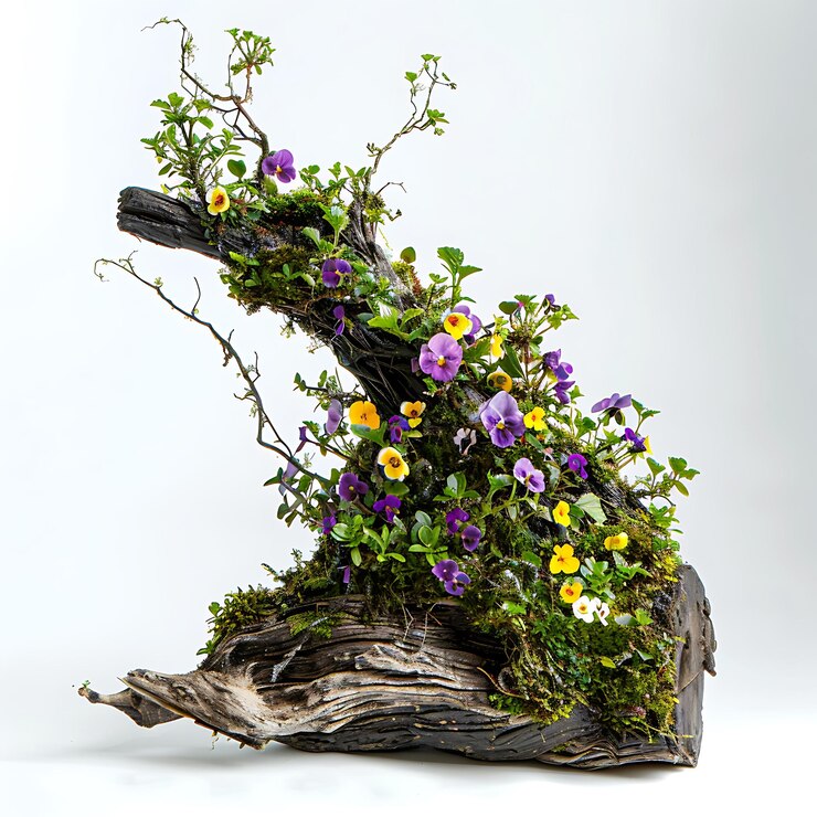 A large tree branch with purple and yellow flowers on it next to it is an old log covered in moss