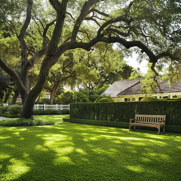 a large tree casts a shadow on a lush green lawn