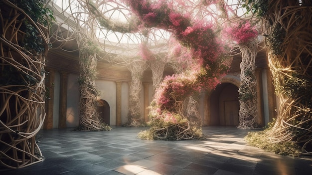 A large tree in a large room with flowers growing on it