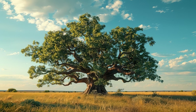 A large tree stands in a field with a cloudy sky in the background