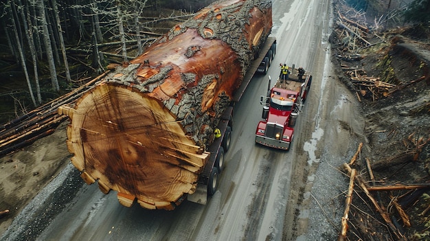 a large tree stump is being carried by a truck