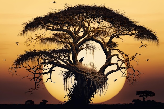 Large tree at sunset in the African Savannah Created with generative AI technology