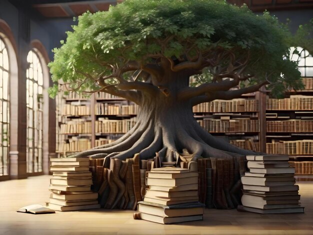 a large tree surrounded by books in a library