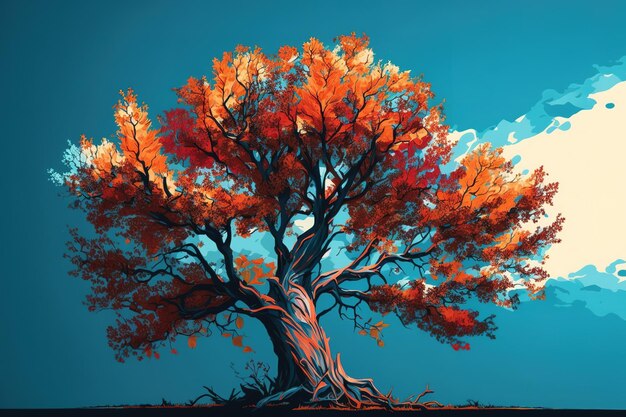 A large tree with brightly colored fall leaves against a clear blue sky theorem about nature