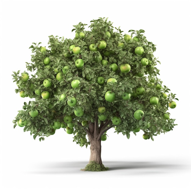 A large tree with green apples on it