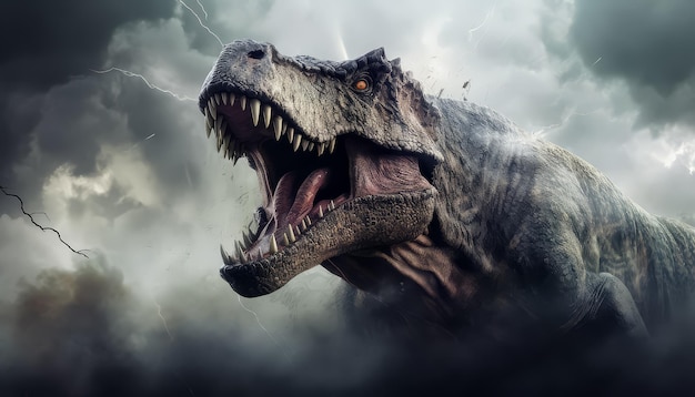 A large TRex is shown in a scene of dust and debris with its mouth open