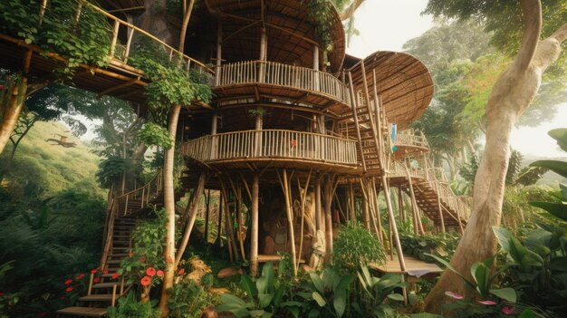 The large tropical treehouse with stair in jungle Generative AI image AIG30