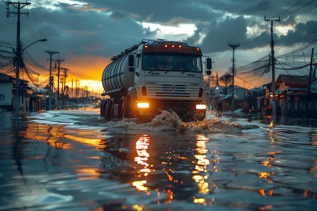 Photo a large truck drives through a flooded street