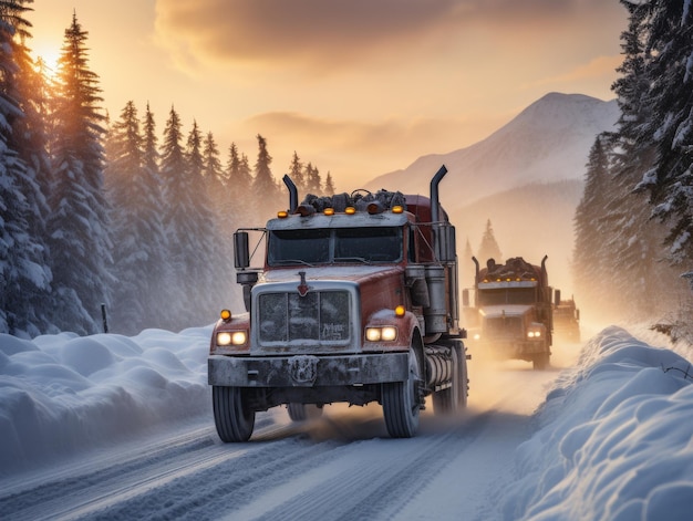 Large Truck Driving on Snow Covered Road