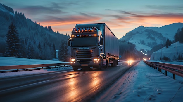 A large truck driving on a snowy road in the mountains