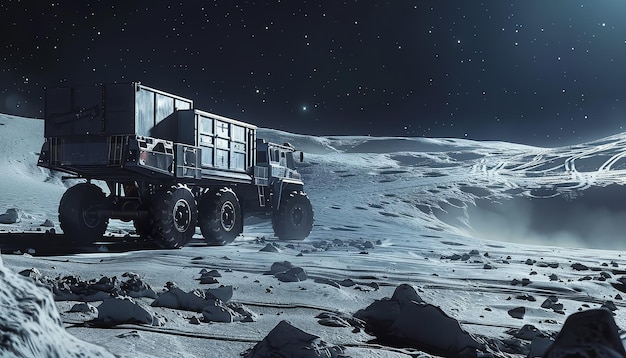 A large truck is driving through a snowy rocky landscape