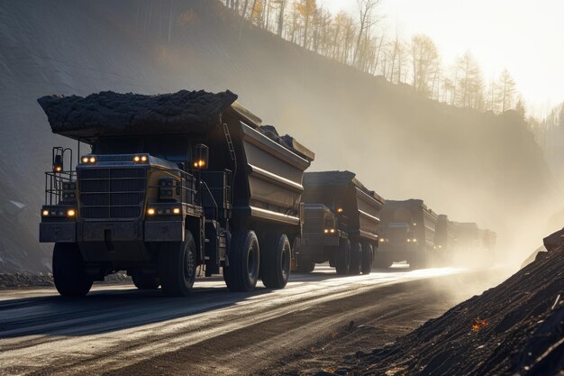 Large trucks loaded with coal pass through the mining area under the light of the stunning sun