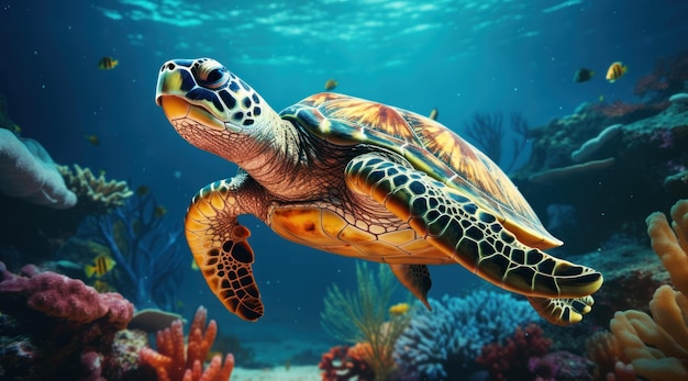 a large turtle swimming with tropical water and corals beneath