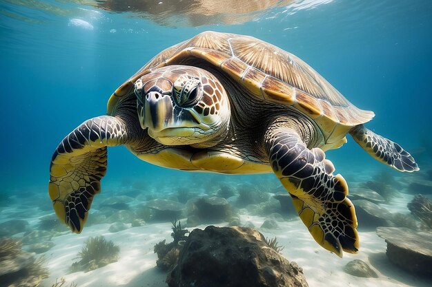 A large turtle swims in a clear ocean Environmental eco safe Conservation