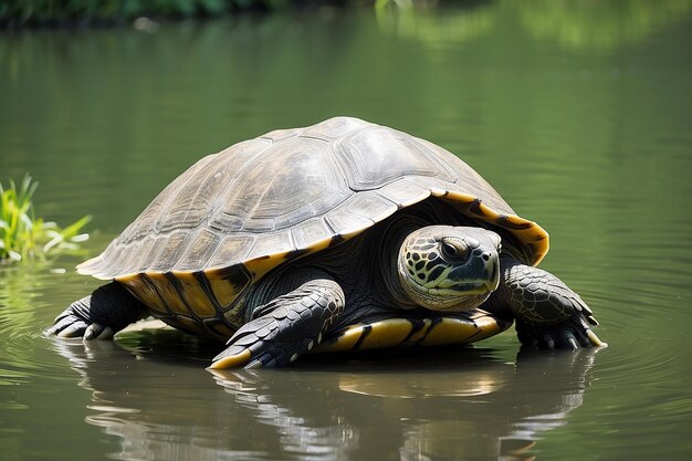 A large turtle in the water in summer