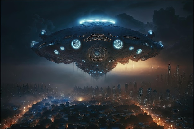 A large ufo is above a city with a city in the background Generative AI