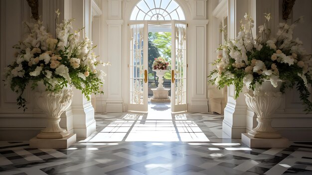 Large urns with white and cream colored flowers line the entryw