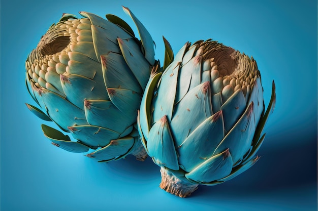 Large useful cut off artichoke buds on blue background