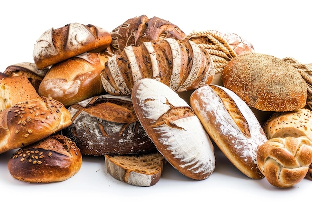 large variety of bread still life on white background