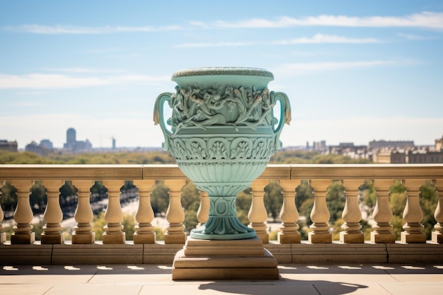 Foto un grande vaso seduto su un balcone con vista su una città ai
