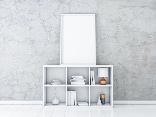 Большой вертикальный макет плаката с белой рамкой, стоящей на бюро с книгами и декором, 3d-рендеринг