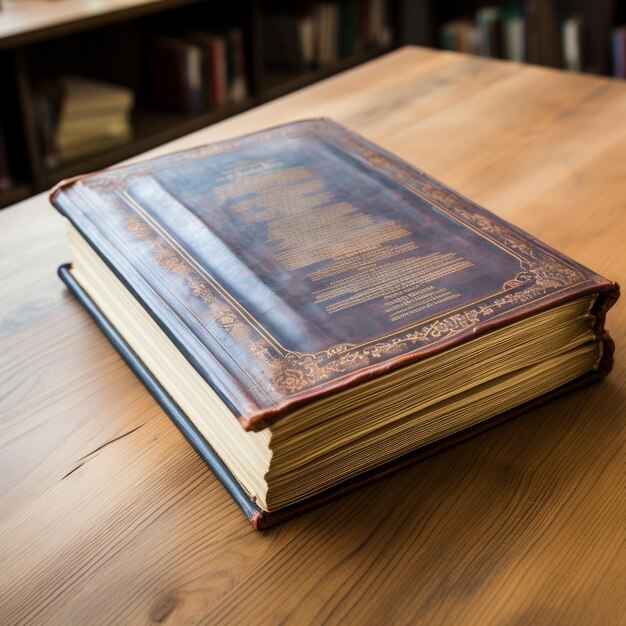 Large vintage book on a wooden table in a library