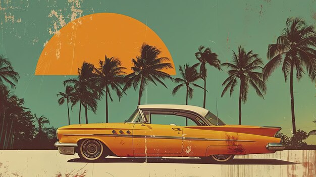 A large vintage yellow car on a creative summer background