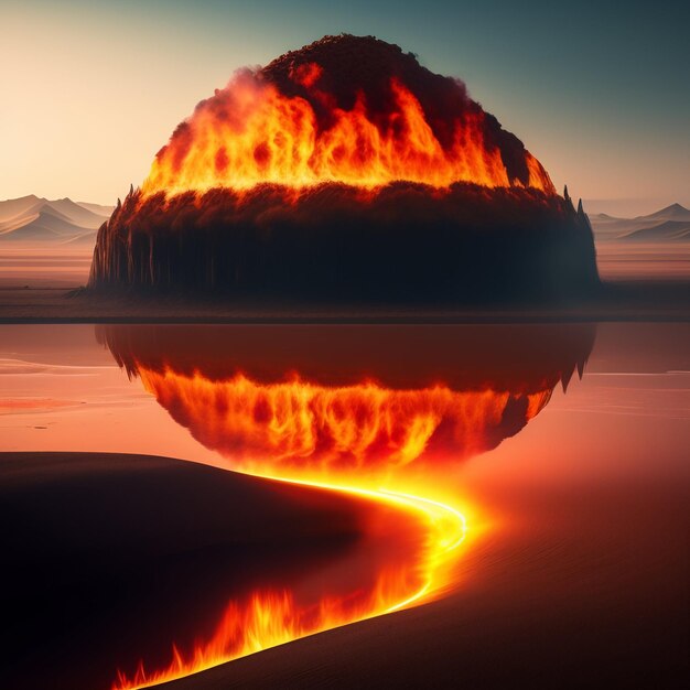 A large volcano is in the middle of a lake with a mountain in the middle of it.