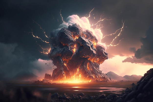 A large volcano with a cloud of lightning and a cloud of fire.