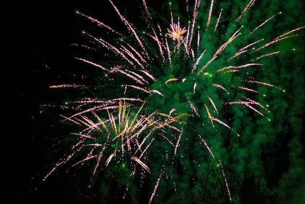 Large volley of festive fireworks pink with green haze in the\
night sky