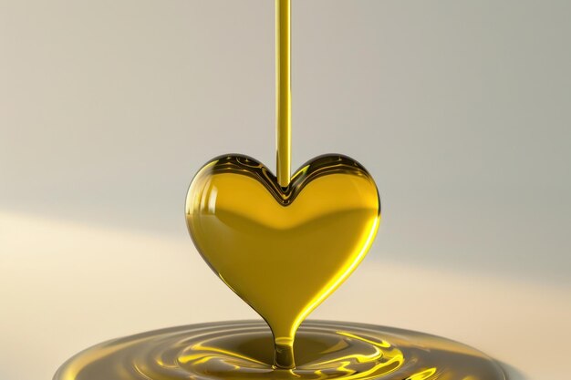 Large volume drop of olive oil in the shape of a heart on a white background with space for text